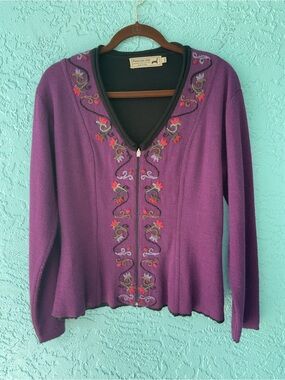 Vintage Peruvian Link Alpaca Blend Purple V-Neck Embroidered Zip Cardigan sz XL